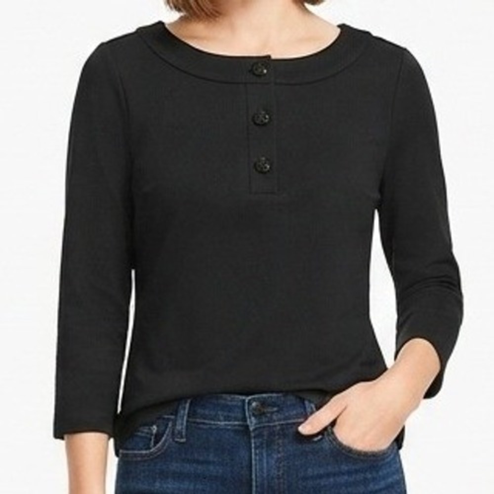 Talbots Knit Top Womens Small Black 3/4 Sleeve Beaded Button Boat Neck
